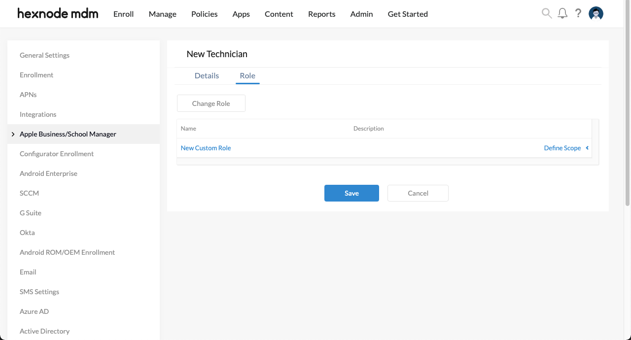 Configure the scope for the custom technician role 